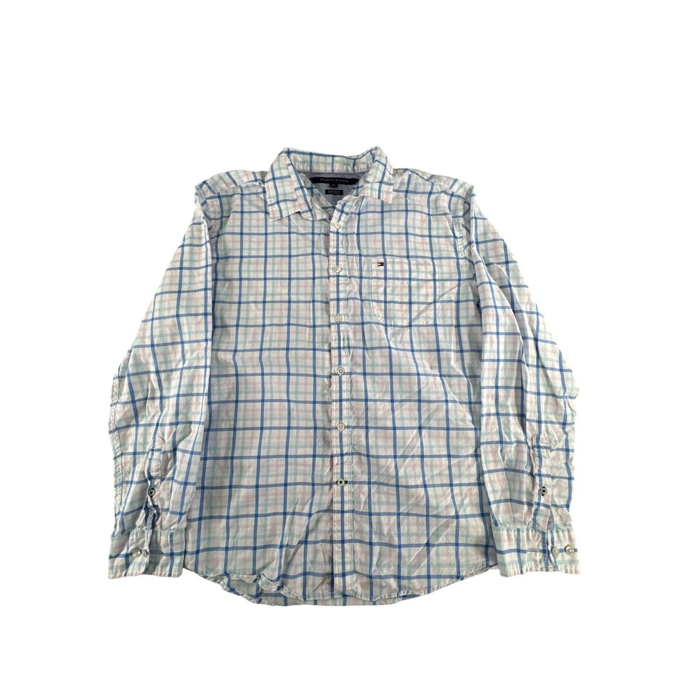 Tommy Hilfiger Shirt Mens XL Blue Pink Plaid Custom Fit Button Up Long Sleeve